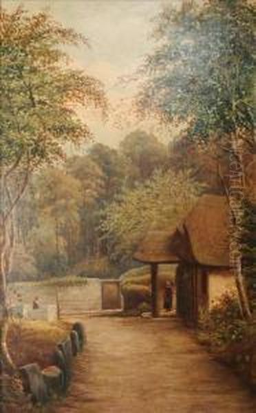 Figures Outside Acottage Oil Painting by Henry Harris