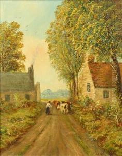 Figure Driving Cattlebetween Two Farmsteads Oil Painting by Henry Harris