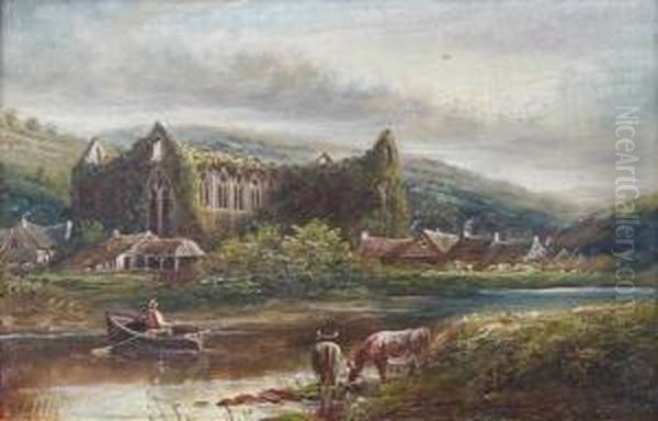 'tintern Abbey';chepstow Castle Oil Painting by Henry Harris