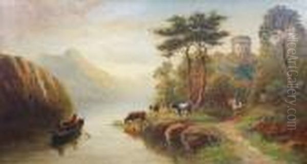 A Cowherd Watchinghis Cattle 
Watering And A Man In A Rowing Boat Within A Mountainousriver Landscape 
With Castle Ruin Oil Painting by Henry Harris