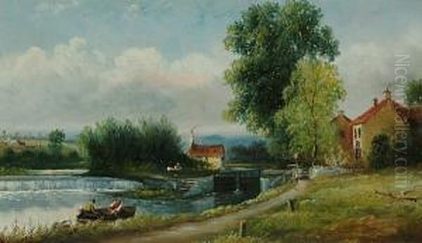 At The Lock; A Watermill Oil Painting by Henry Harris