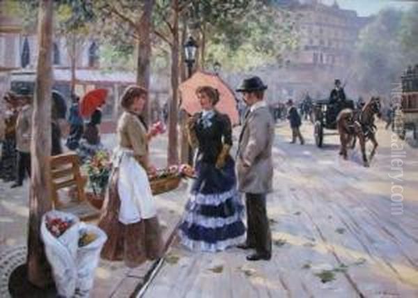 Springtime Along The Boulevard, Paris 19thcentury Oil Painting by J. Harris