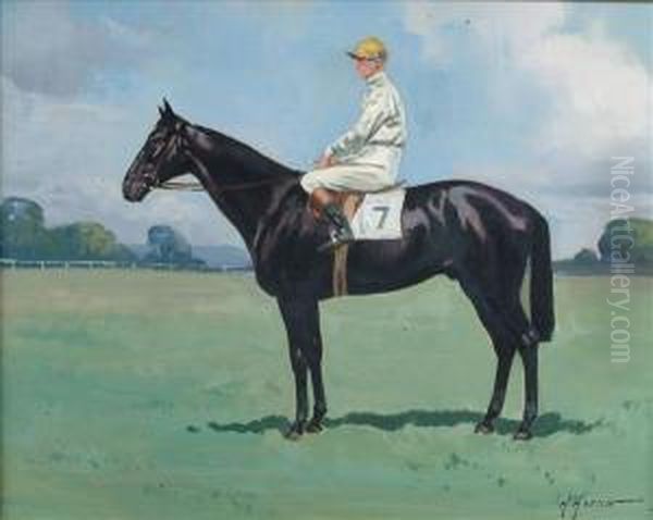 A Black Racehorse With Jockey Up Oil Painting by J. Harris