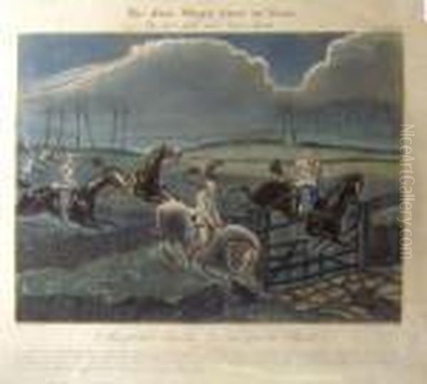 After Henry Alken, Six Plates, 
'the First Steeple Chase On Record', Handcoloured Engraving, 36cm X 
42cm, Framed Oil Painting by John Ii Harris