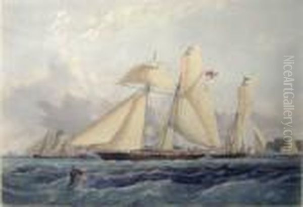 After Thomas Sewell Robins , 
'xarifa, Yachting, Scene Off Cowes, Isle Of Wight', Handcoloured 
Engraving, 43cm X 53cm, Framed Oil Painting by John Ii Harris