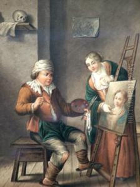 Jnr., -- The Impoverished Artist
 In A Garret; Watercolour, Signed, In A Pierced Carved Hardwood Frame, 
14x18cm Oil Painting by John Ii Harris