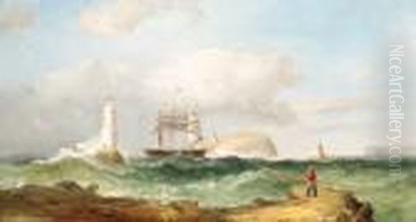 A Close Run Thing: A Barque Running Inshore Between An Island And Alighthouse Oil Painting by James Harris of Swansea