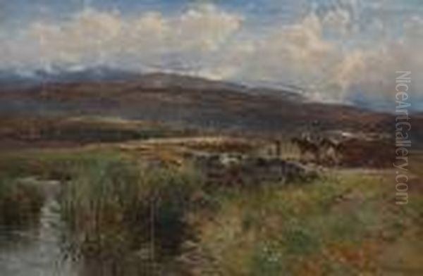 Timber Wagon, Drover And Sheep, A Mountain Landscape Oil Painting by William E. Harris