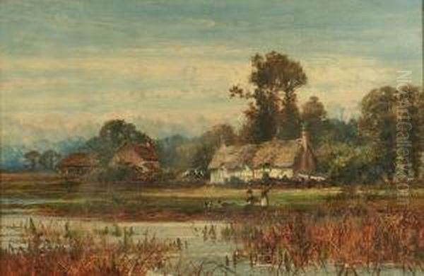 River Landscape With Children On The Bank Oil Painting by William E. Harris