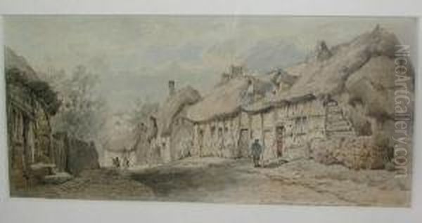 Village Street Scene With Thatched Cottages And Figures Conversing Oil Painting by William E. Harris