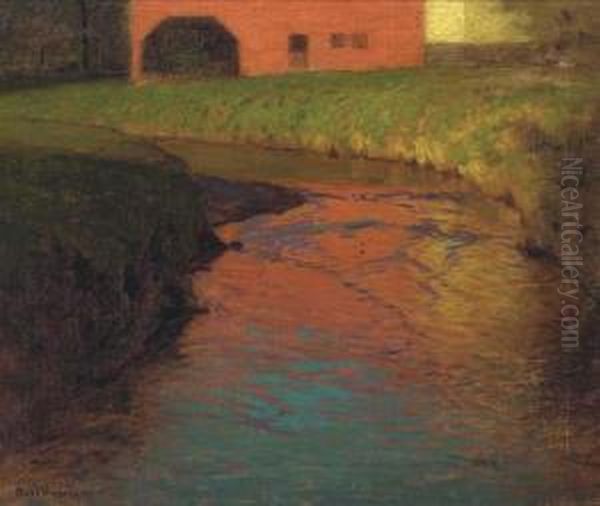 Red Barn By A Stream Oil Painting by Lowell Birge Harrison