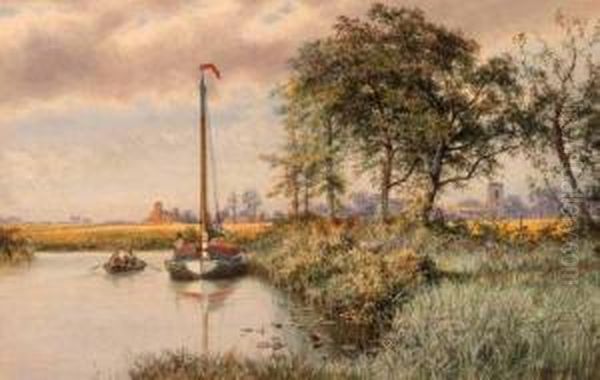 Wherry Moored On The River Ant Near Irstead Church Oil Painting by Charles Harmony Harrison