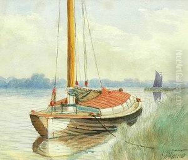 A Moored Wherry Oil Painting by Charles Harmony Harrison