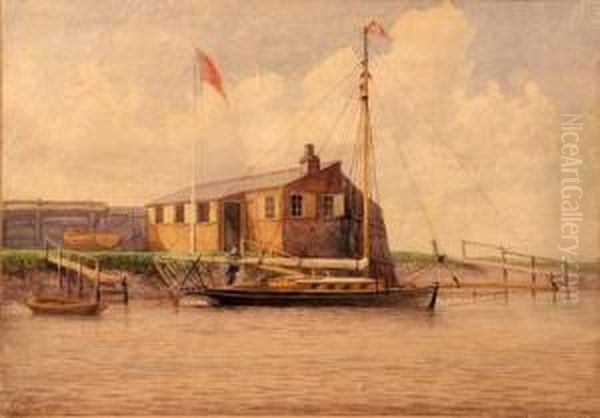 Figure With Sailing Boat Before A Clubhouse Oil Painting by Charles Harmony Harrison