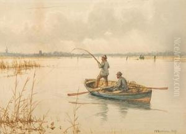 Fishing On The Broads Oil Painting by Charles Harmony Harrison