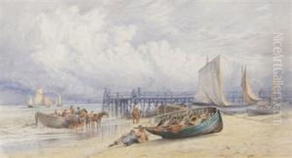 Boats Unloading - Yarmouth Beach Oil Painting by Charles Harmony Harrison