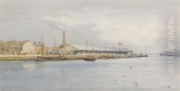 The Herring Fleet And Fish Wharf, Great Yarmouth Oil Painting by Charles Harmony Harrison