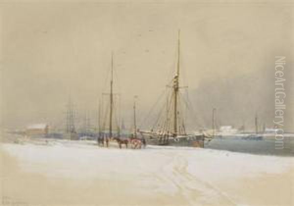 Yarmouth Docks Under Snow Oil Painting by Charles Harmony Harrison