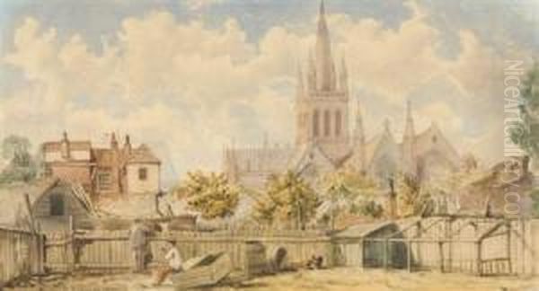 Figures And Chickens In A Yard Before The Church Of St Nicholas, Great Yarmouth Oil Painting by Charles Harmony Harrison