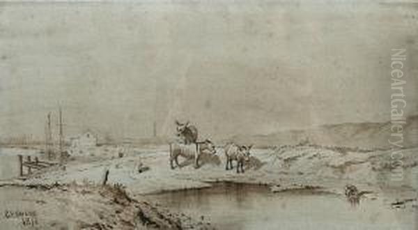 Three Donkeys By A Creek, Nelson's Column At Yarmouth Beyond Oil Painting by Charles Harmony Harrison