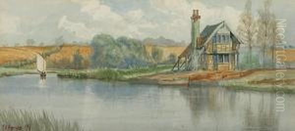 Broadland River Scene Oil Painting by Charles Harmony Harrison