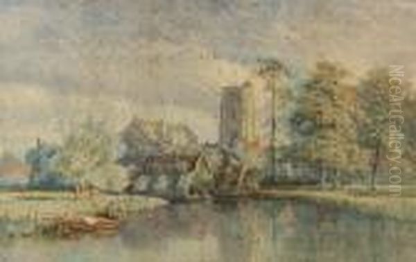 Beccles Church From The River Oil Painting by Charles Harmony Harrison