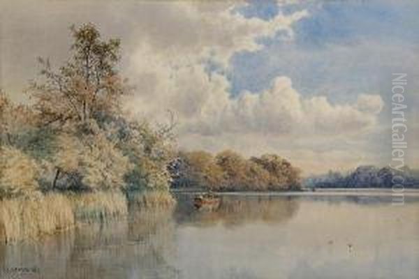 A Broadland Scene With Figures Fishing From A Rowing Boat Oil Painting by Charles Harmony Harrison