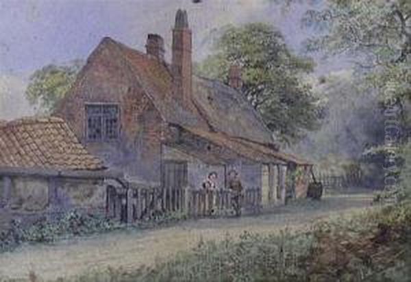 Figuresbeside A Cottage Oil Painting by Charles Harmony Harrison