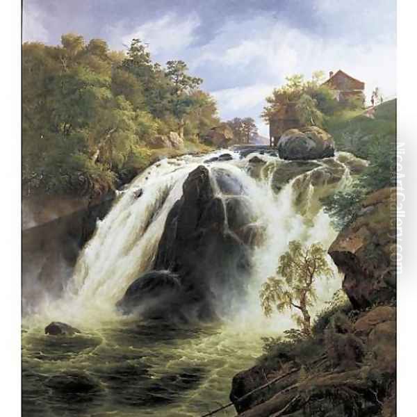 View of the waterfall at Stora Mollan, Sweden Oil Painting by Johann-Hermann Carmiencke