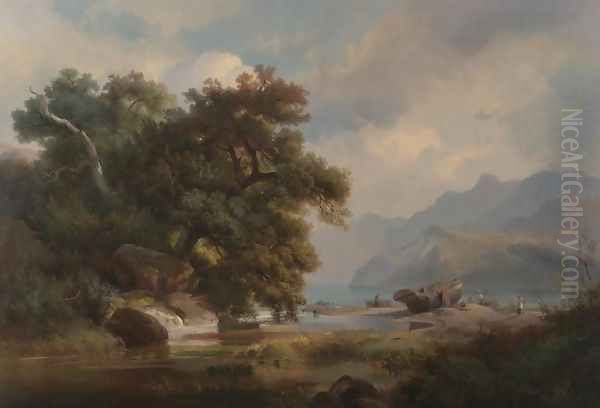 Net Menders in a River Landscape Oil Painting by Johann-Hermann Carmiencke