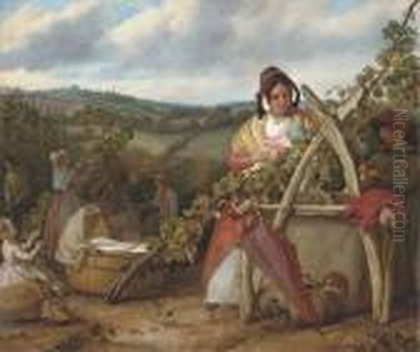 Hop Pickers At Burswood, Kent Oil Painting by Solomon Alexander Hart