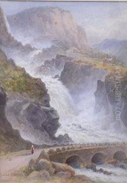 A Norwegian Waterfall Oil Painting by Thomas Hart