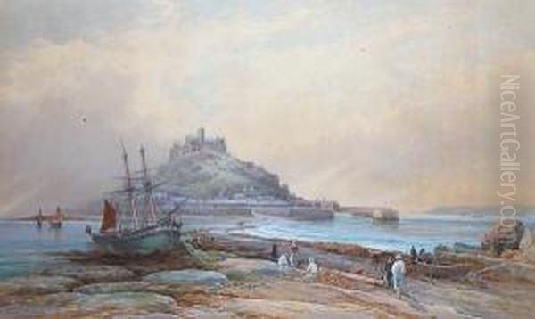 St. Michaels Mount With Fisherfolkbefore Oil Painting by Thomas Hart