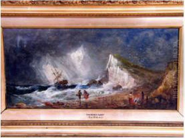 Coastal View With Choppy Seas, Sailing Ship And Figures Oil Painting by Thomas Hart