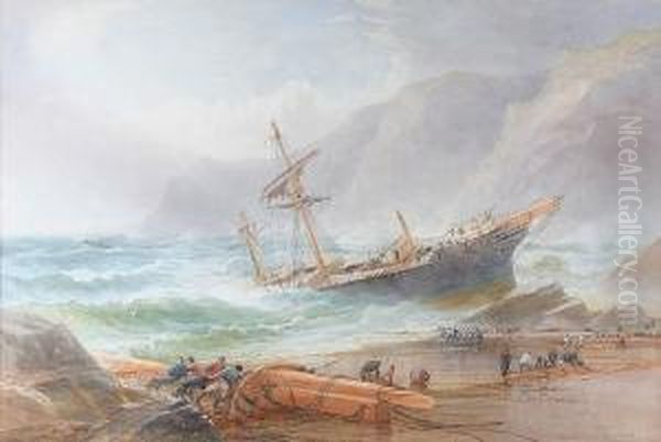 Shipwreck Scene With Men Salvaging And Rescuing The Sailors Oil Painting by Thomas Hart