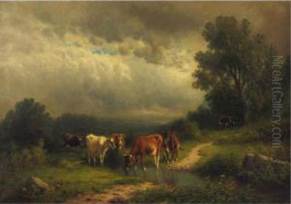 Cows By A Stream Oil Painting by William M. Hart