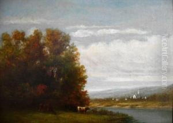 Cattle At River, Town In Distance Oil Painting by William M. Hart