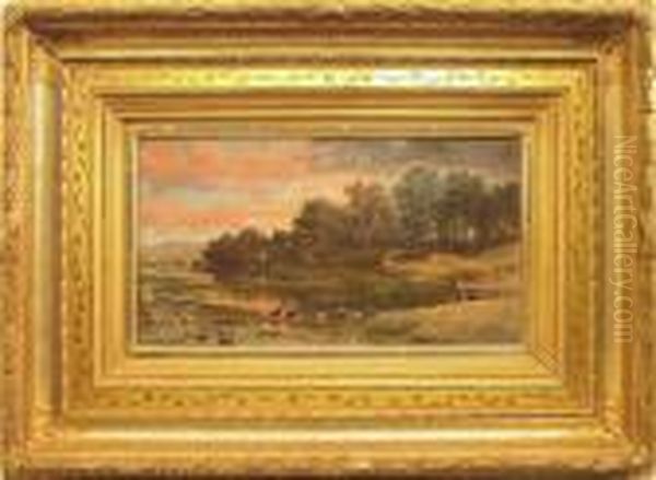 Sunset Landscape With Stream And Cows Oil Painting by William M. Hart