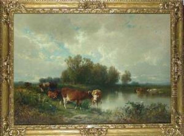 Cattle Watering Oil Painting by William M. Hart