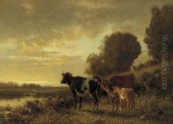 Sunset With Cows Oil Painting by William M. Hart