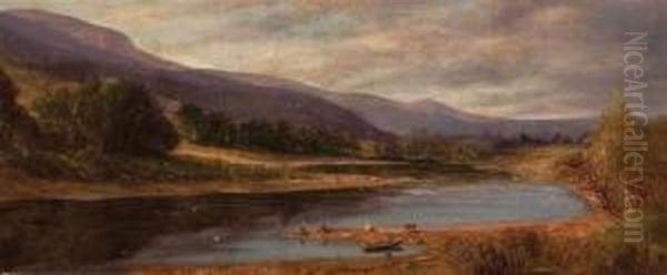 (2) Rowboat On A River Cattle By A River Oil Painting by William Howard Hart