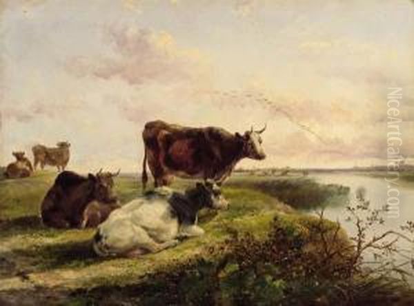 Cattle On A Riverbank Oil Painting by William Howard Hart