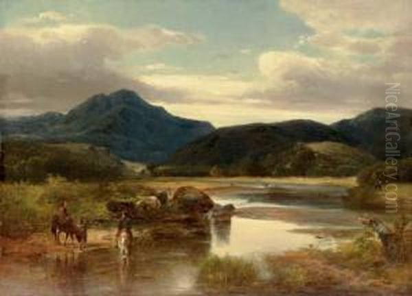 Horse Riders By A River; Scottish Countryside: Two Works Oil Painting by William M. Hart