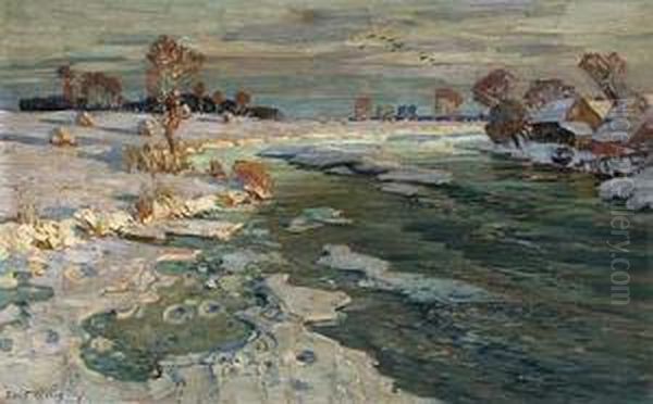 Nachmittagssonne Uber Winterlandschaft Mit Flussbiegung Oil Painting by Hans Hartig