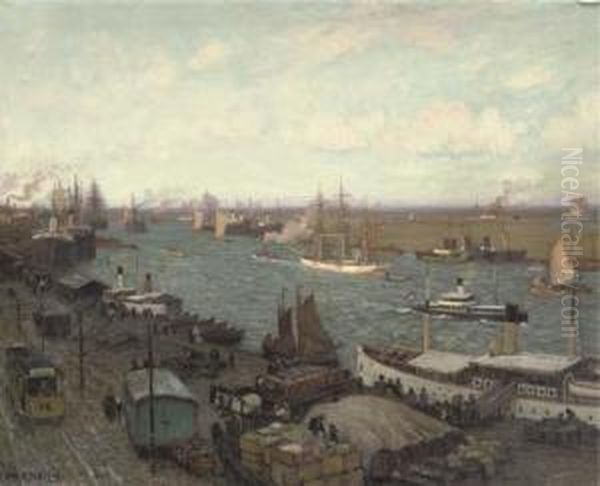 A Busy Day In The Harbour Of Stettin, Poland Oil Painting by Hans Hartig