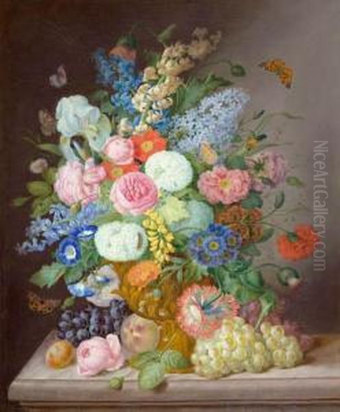 Floral Still Life With Grapes And Peach. Oil Painting by Anton Hartinger