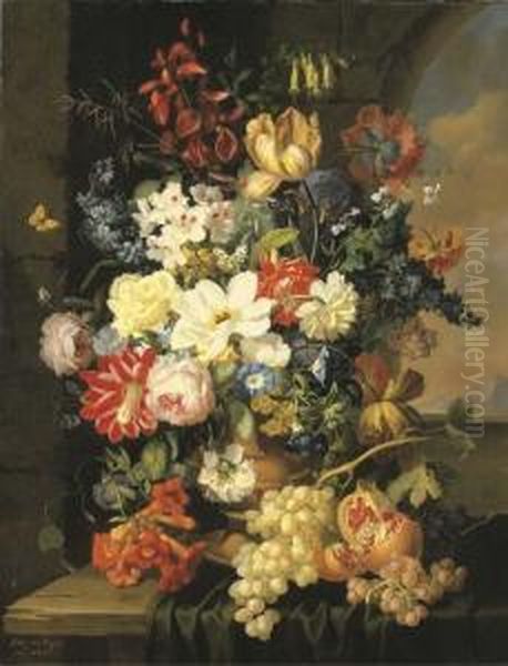 Roses, Morning Glory, And Iris And Other Flowers In A Sculpted Urn Oil Painting by Anton Hartinger