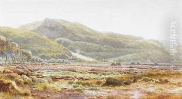 Landscape With Cottage And Turf Stacks Oil Painting by Henry Albert Hartland