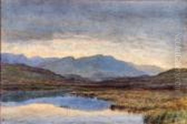 Lake And Mountain Landscape With Marshes In The Foreground Oil Painting by Henry Albert Hartland