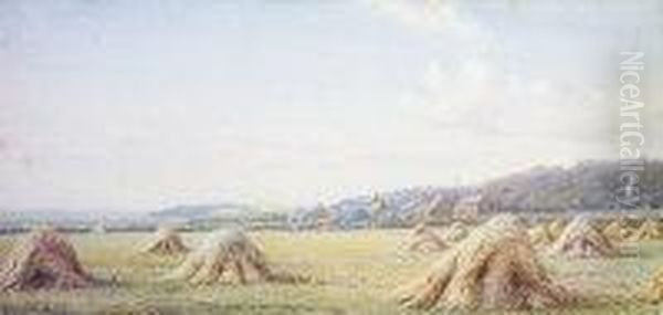 Haystacks In A Rural Landscape Oil Painting by Henry Albert Hartland